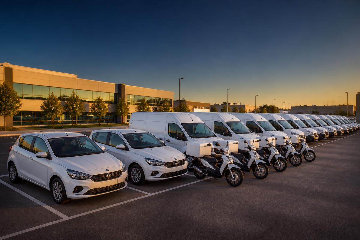 Frota diversificada da MK com carros utilitários, fiorinos e motos estacionados no pátio